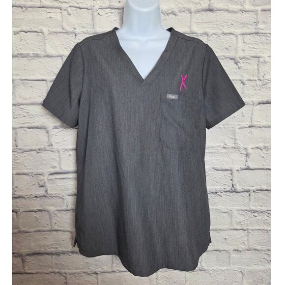 Figs Scrub Top Womens Medium Technical Collection Gray One Pocket Pink Ribbon - Picture 1 of 13